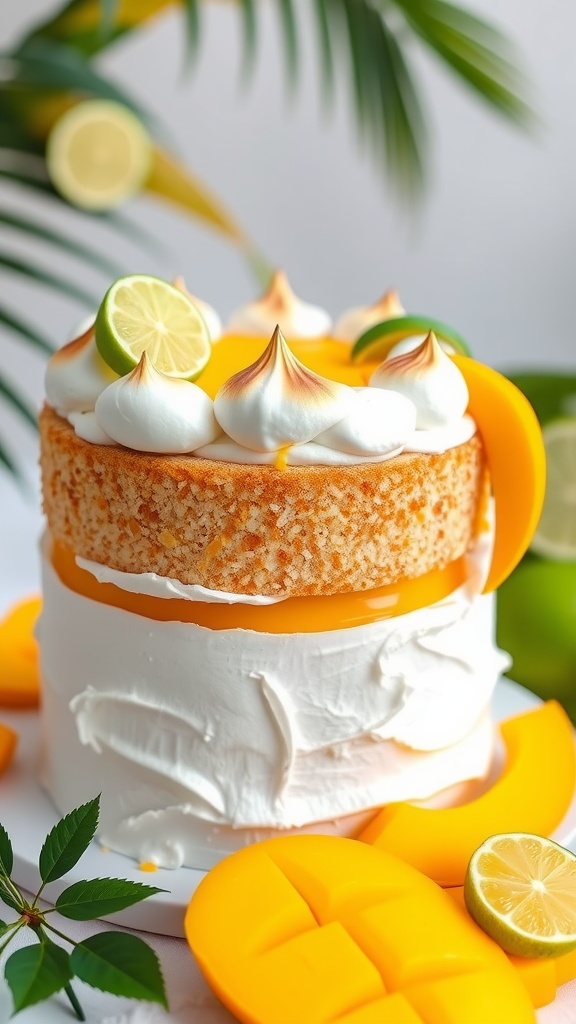Mango Lime Cake with Toasted Meringue Two-layer mango lime cake with toasted meringue, garnished with mango slices and lime zest.